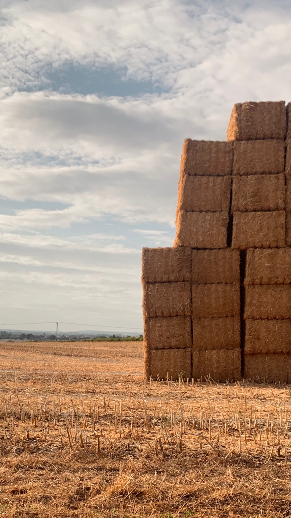 Warm-toned photograph of stacked hay bales in a harvested field