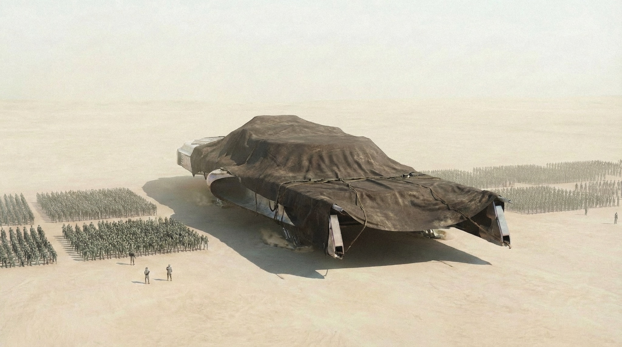 Covered Odyssey Ship surrounded by an army of figures showing its scale
