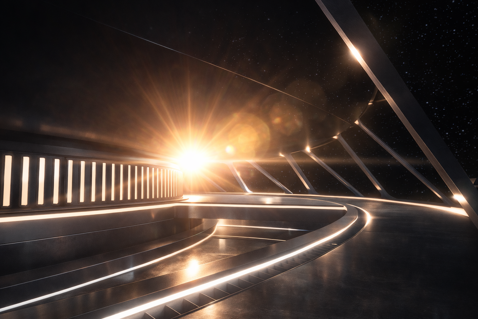 Panoramic interior walkway of the Odyssey Ship facing a bright light