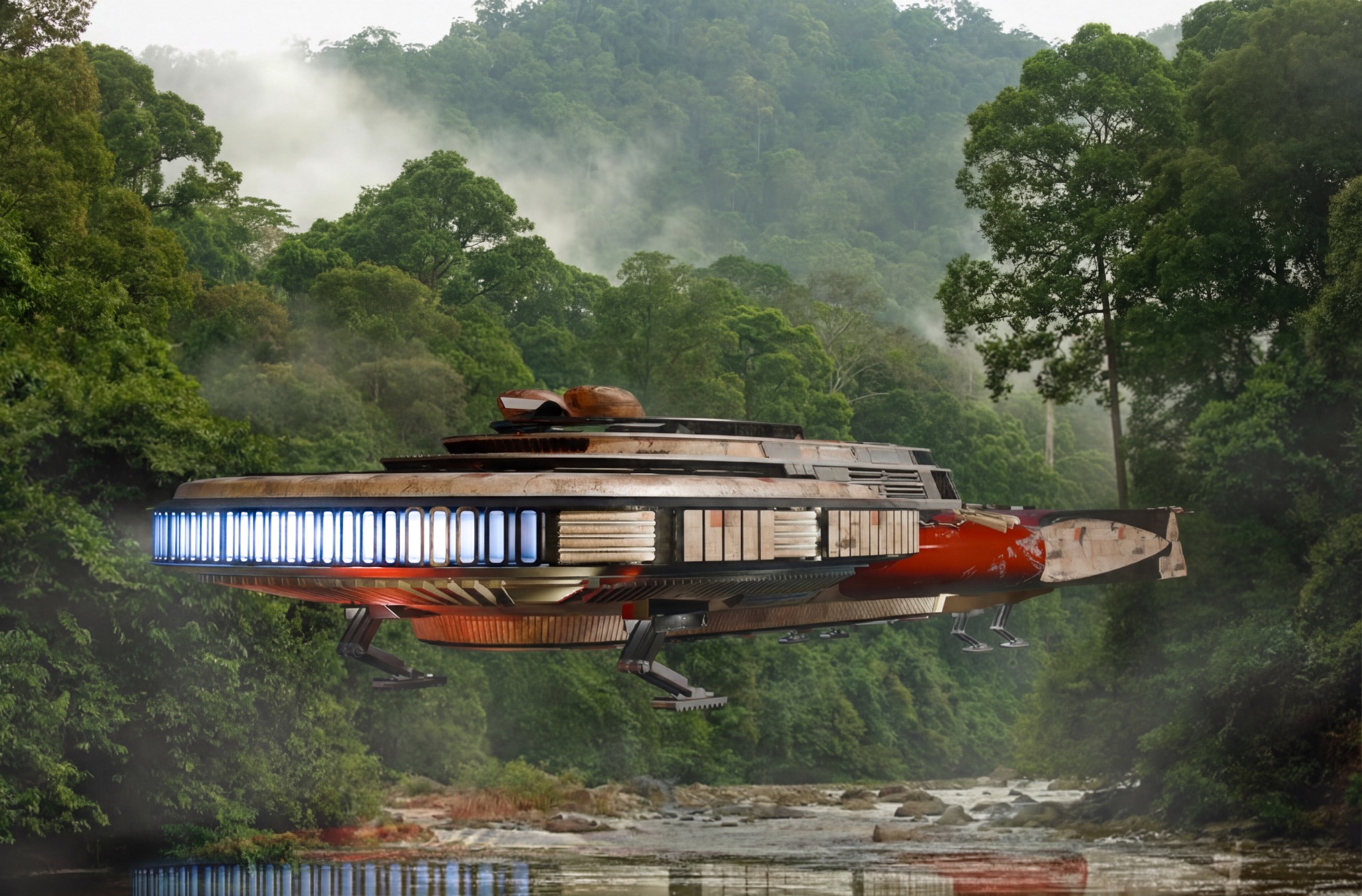 Odyssey Ship flying above a rainforest river