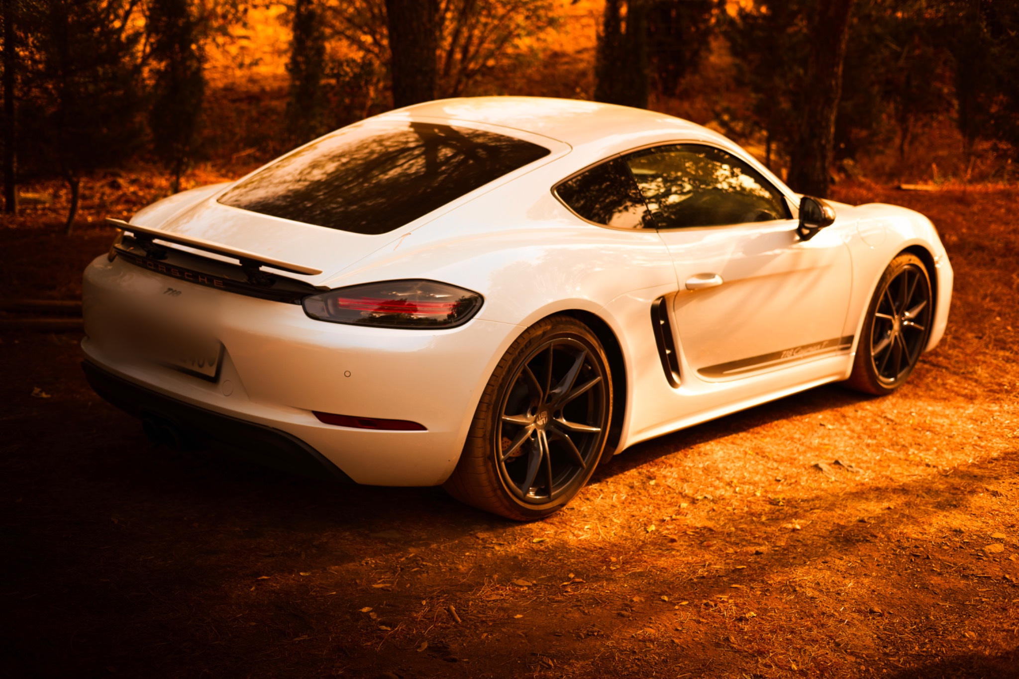 Rear three-quarter view of the Porsche 718 Cayman T in warm light